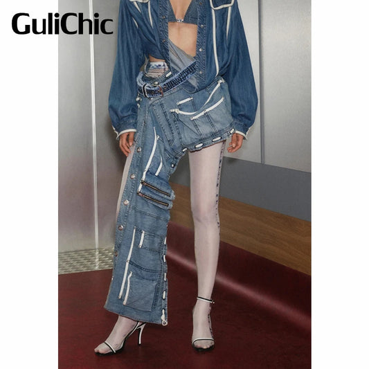 6.20 GuliChic Women High Street Irregular Hem Pocket Denim Mini Skirt